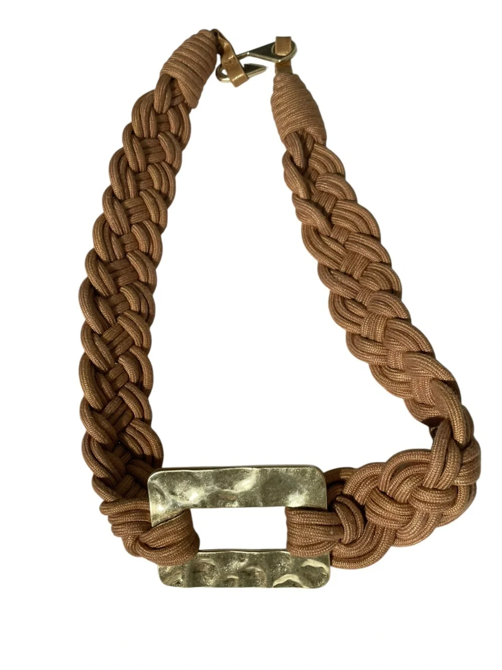 Vintage 80s Braided Cord Belt Artsy Boho Costal Large Hammered Metal Buckle Gold